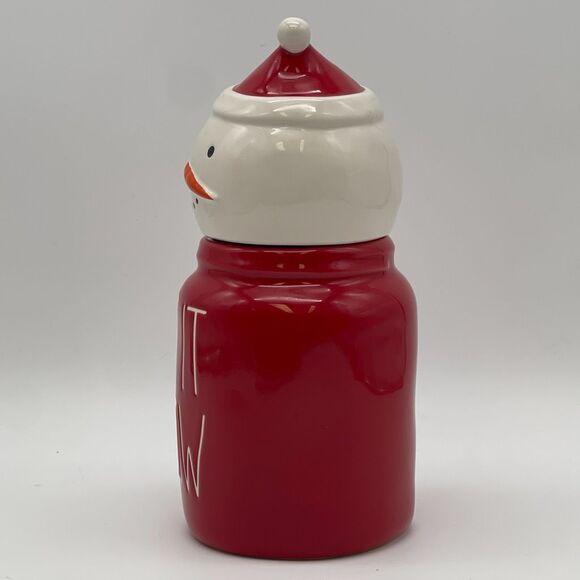 RAE DUNN Canister Let It Snow Red White Ceramic Baby Snowman Topper Christmas - Picture 4 of 14